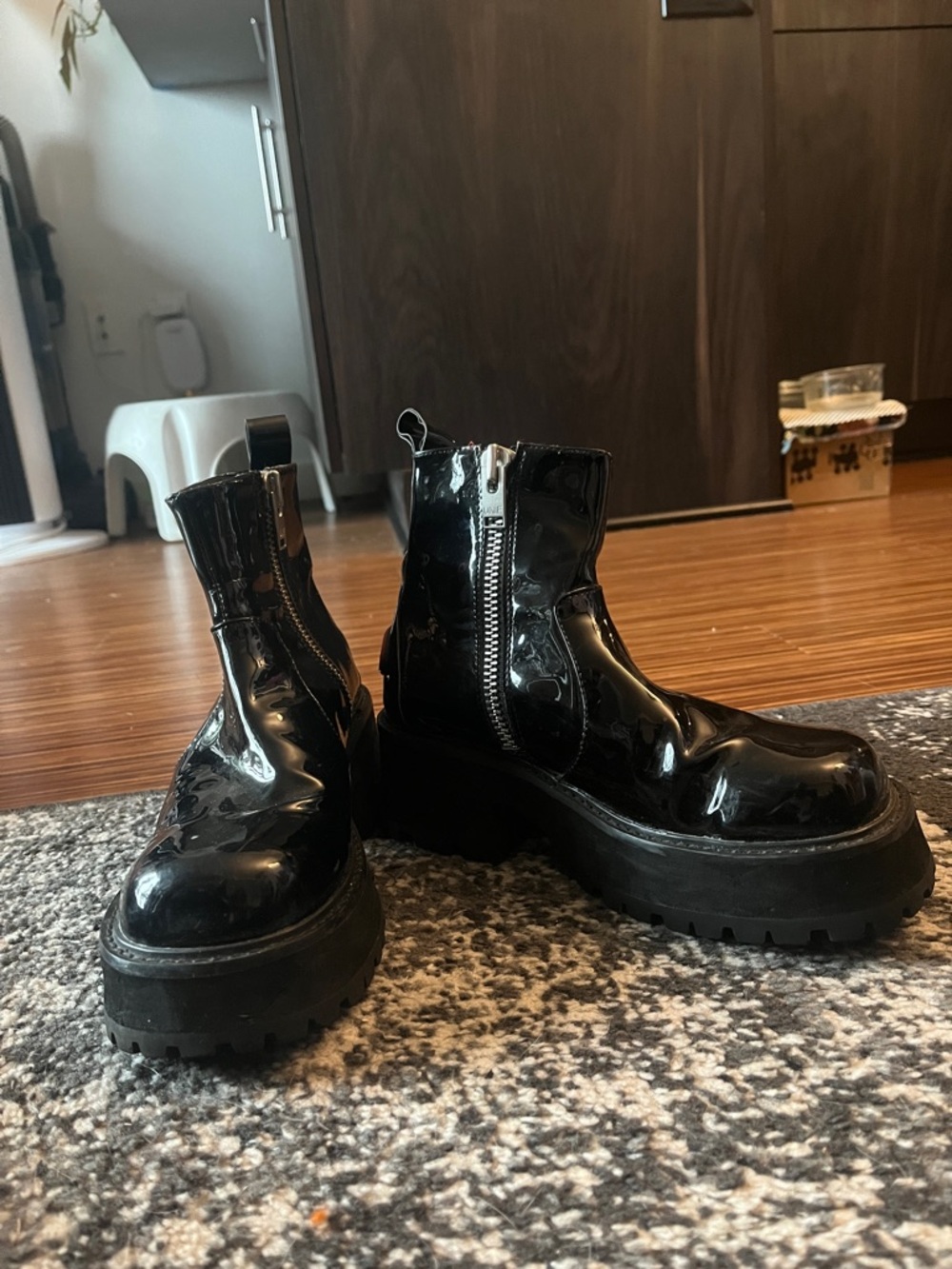 UNIF Black Patent Chunky Platform Ankle Boots with Side Zips - Picture 2 of 14